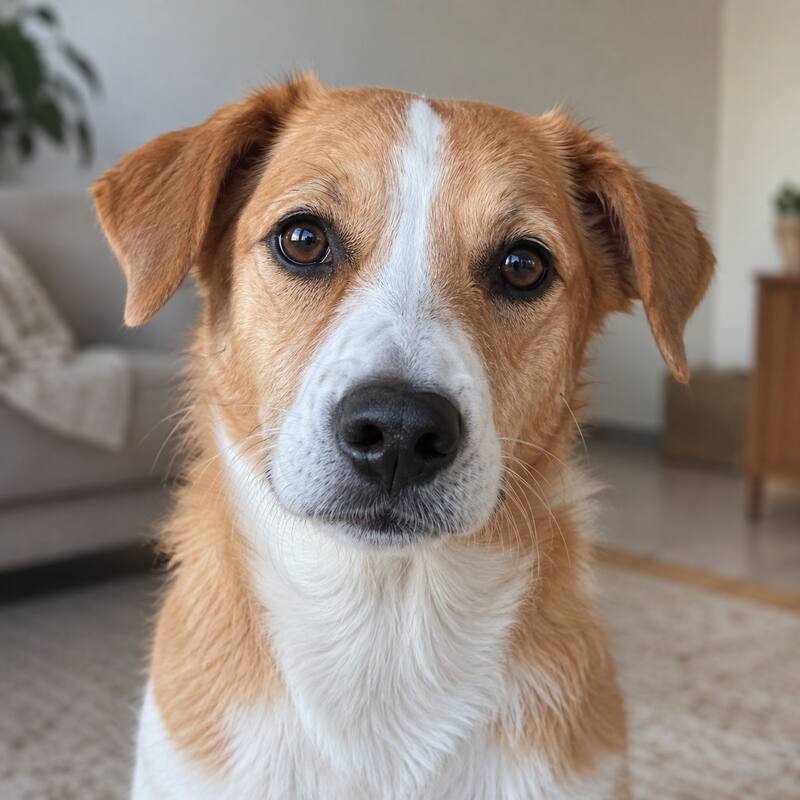 Cão caramelo e branco dentro de casa, olhando para a câmera