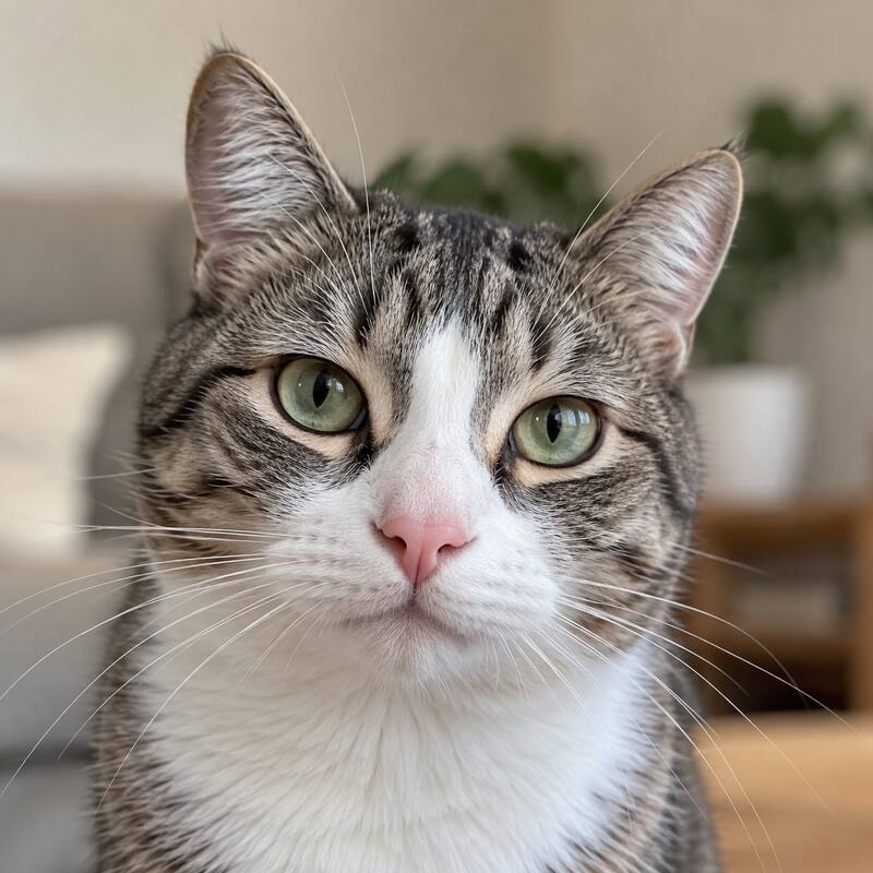 Gato rajado de peito branco e olhos verdes, olhando para a câmera