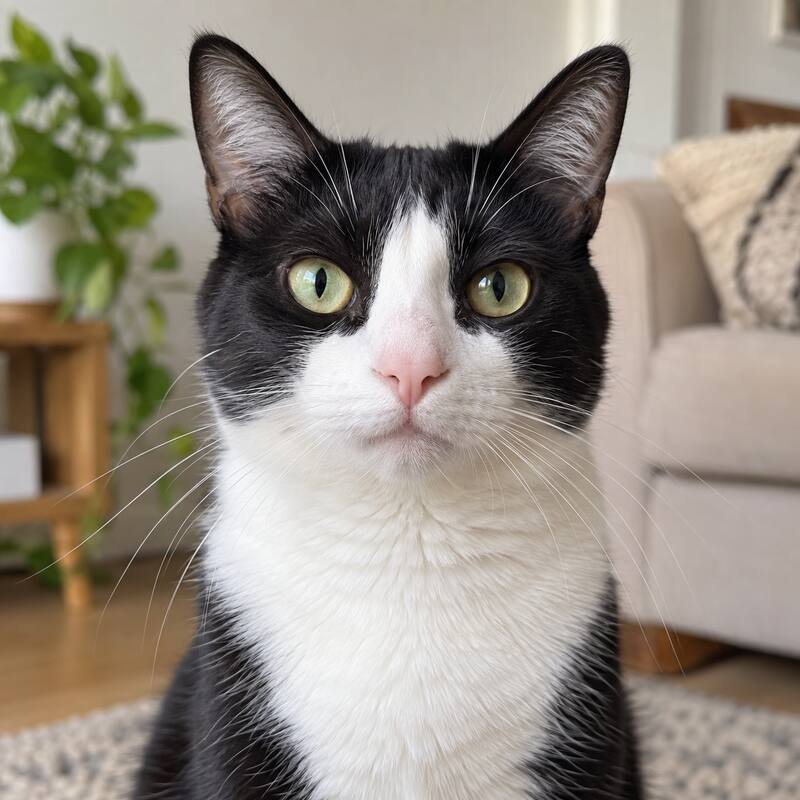 Gato preto e branco sentado, olhando para a câmera
