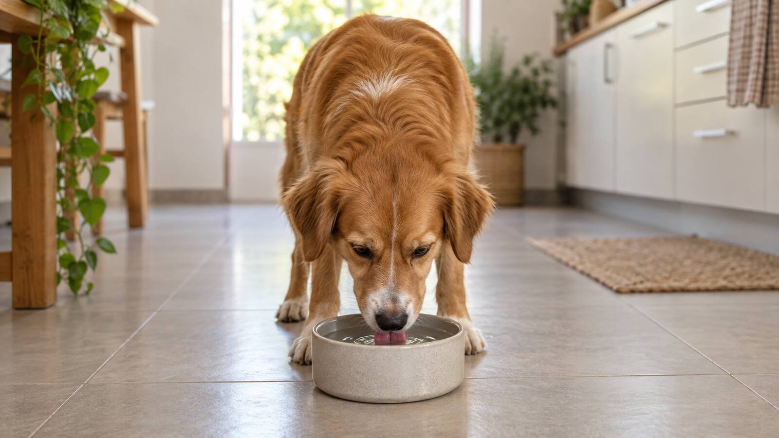 Cão dourado comendo num pote no chão da cozinha