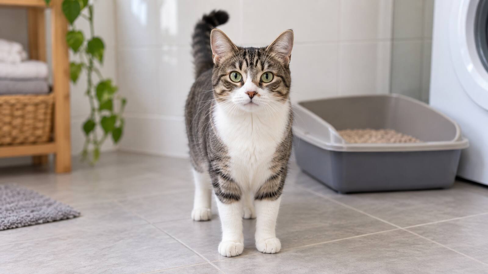 Gato rajado em pé ao lado da caixa de areia, dentro de casa