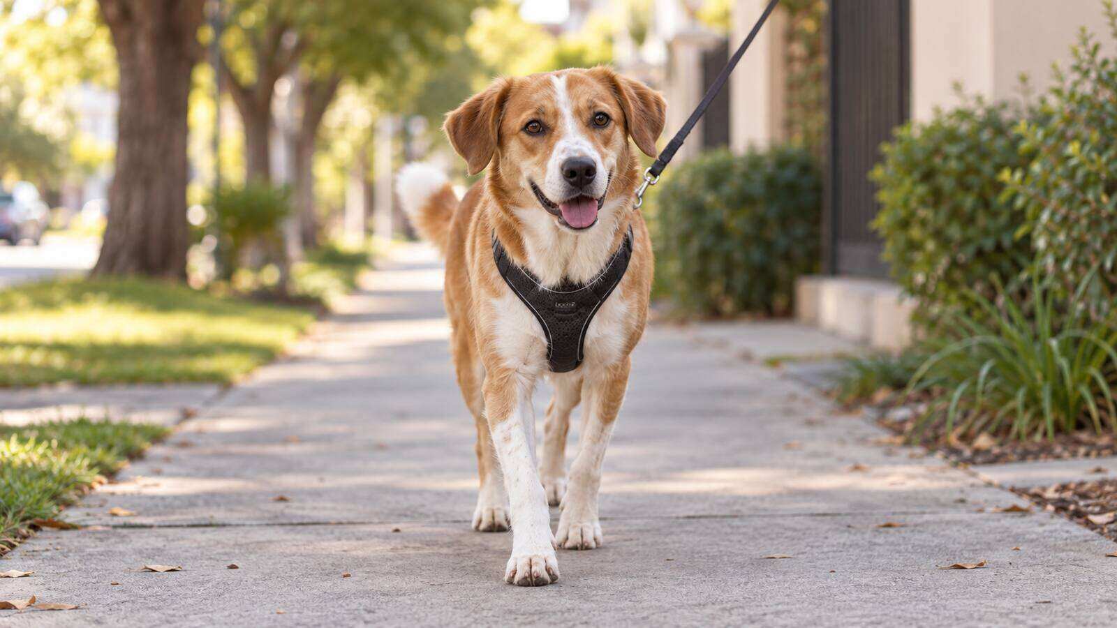 Cão com peitoral e guia caminhando numa calçada arborizada